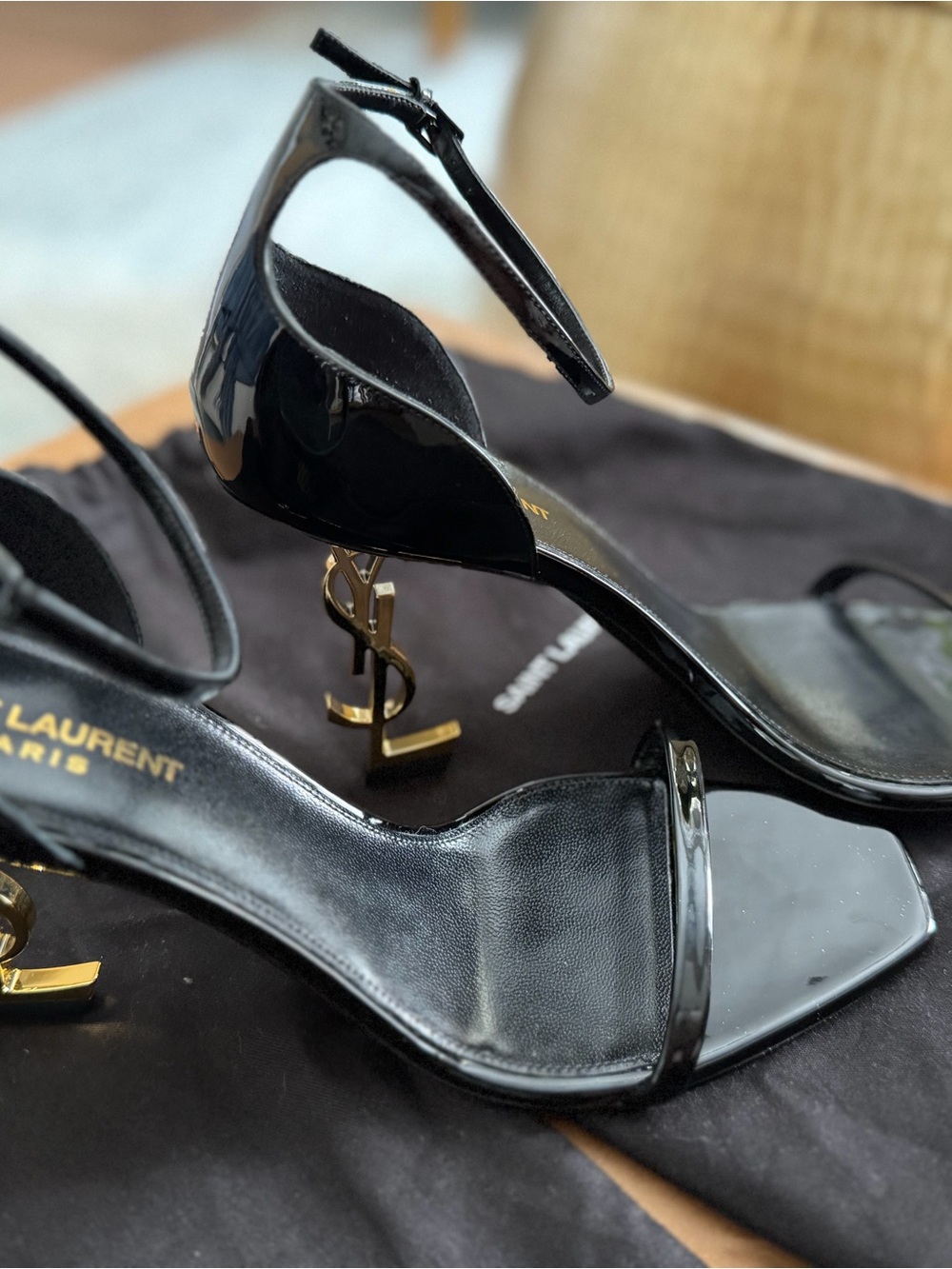 Saint Laurent Black Patent Heeled Sandals with Gold YSL Logo Heel
